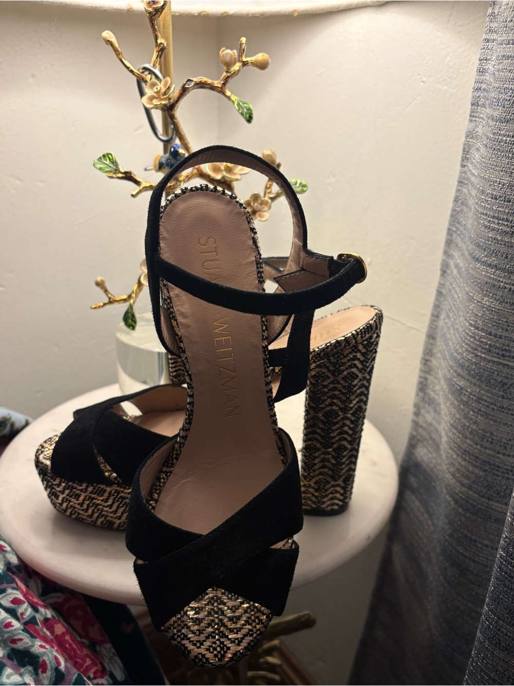 Stuart Weitzman Black and Metallic Patterned Open-Toe Heels